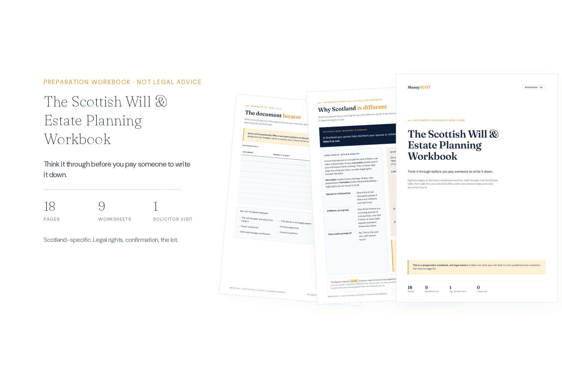 The Scottish Will & Estate Planning Workbook — A4 pages showing the asset inventory, the legal-rights explainer and the solicitor meeting checklist